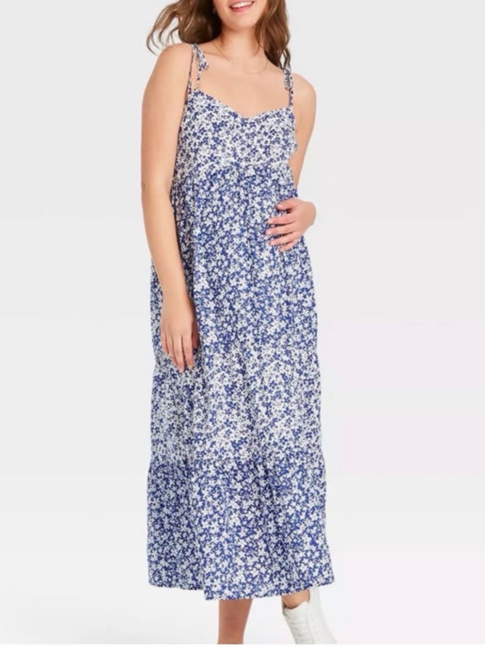 Nines by Hatch Tiered Blue Floral Maxi Dress with Tie Straps Size Large